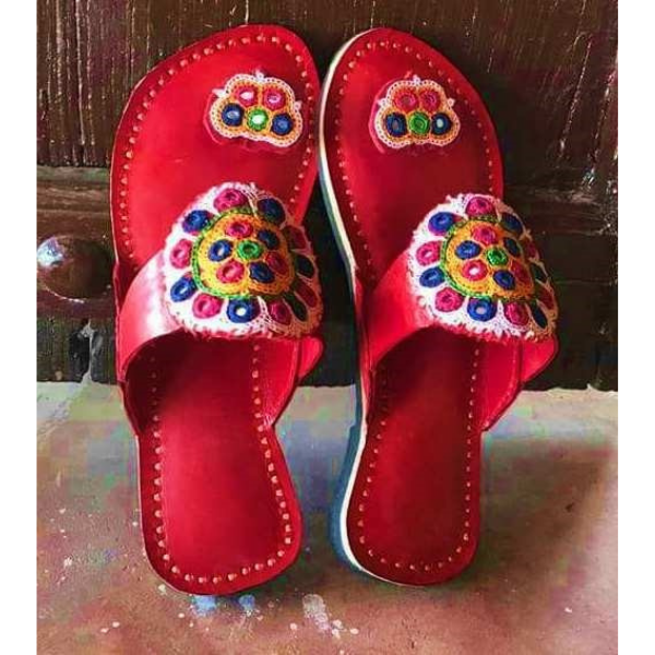 Leather Padukas with kutch embroidery (brown)